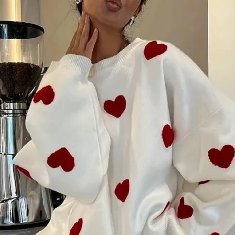 SHEIN White Sweater with Red Heart Patterns